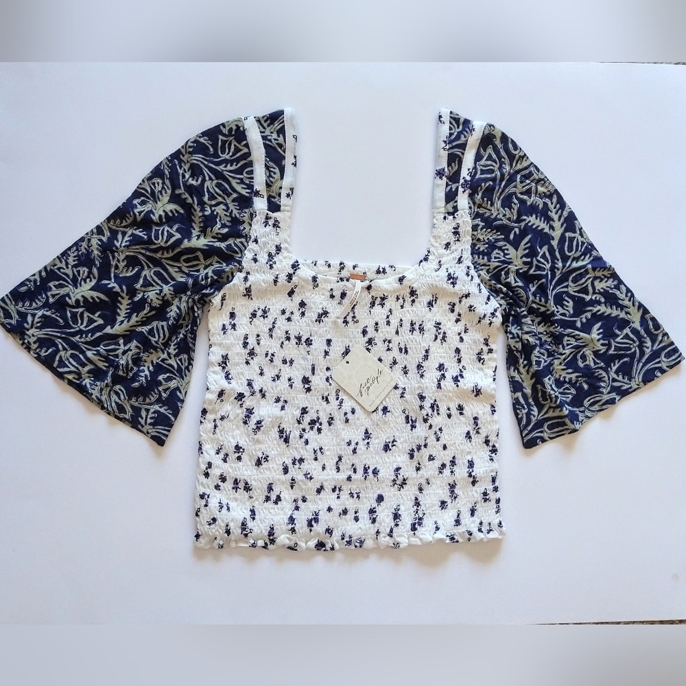 Free People Women's Marigold Mix Print Smocked Crop Top Size XS 60% Cotton NWT